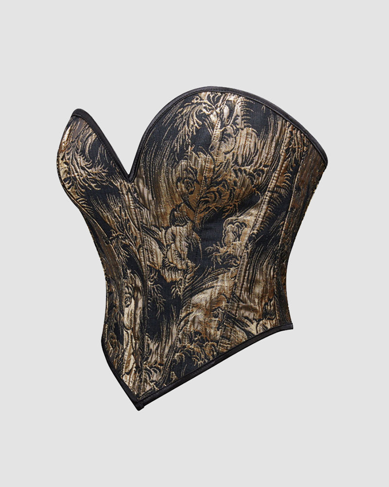 Black and gold floral 1950s corset, waist training design, ideal for parties and weddings