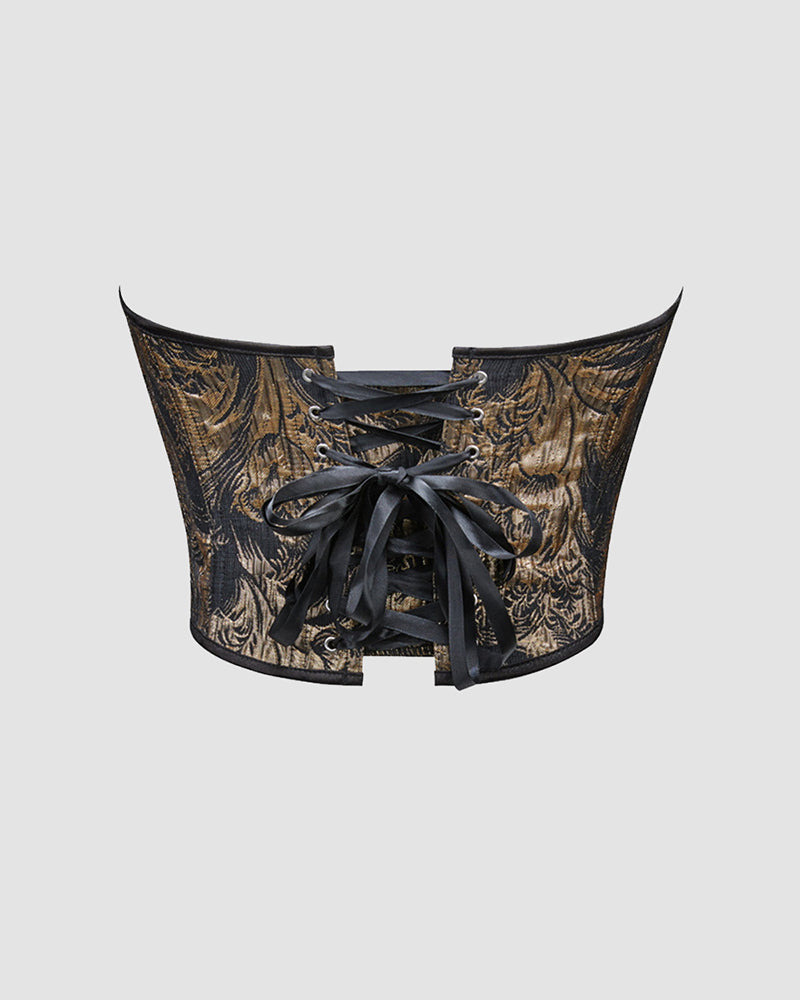 1950s black and gold floral corset with waist training design, perfect for parties and weddings