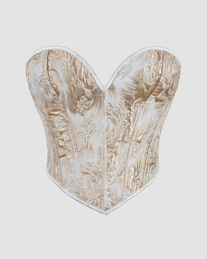 Cream and gold floral 1950s corset with waist training design, perfect for parties and weddings