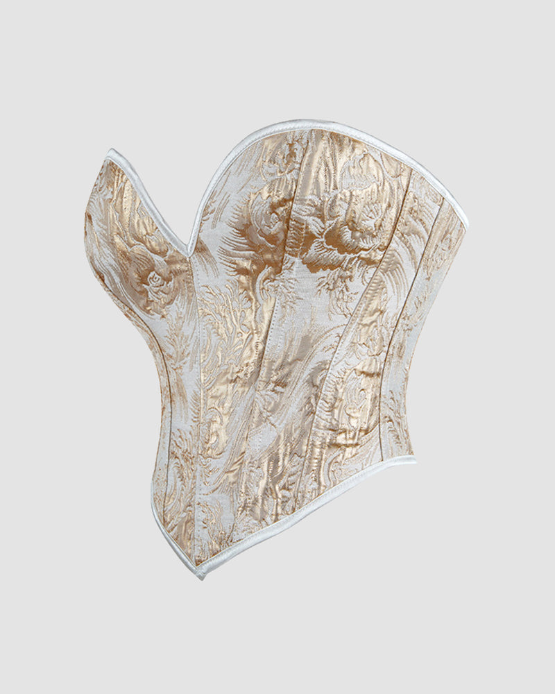 1950s black and gold floral corset, waist training design, ideal for parties and weddings