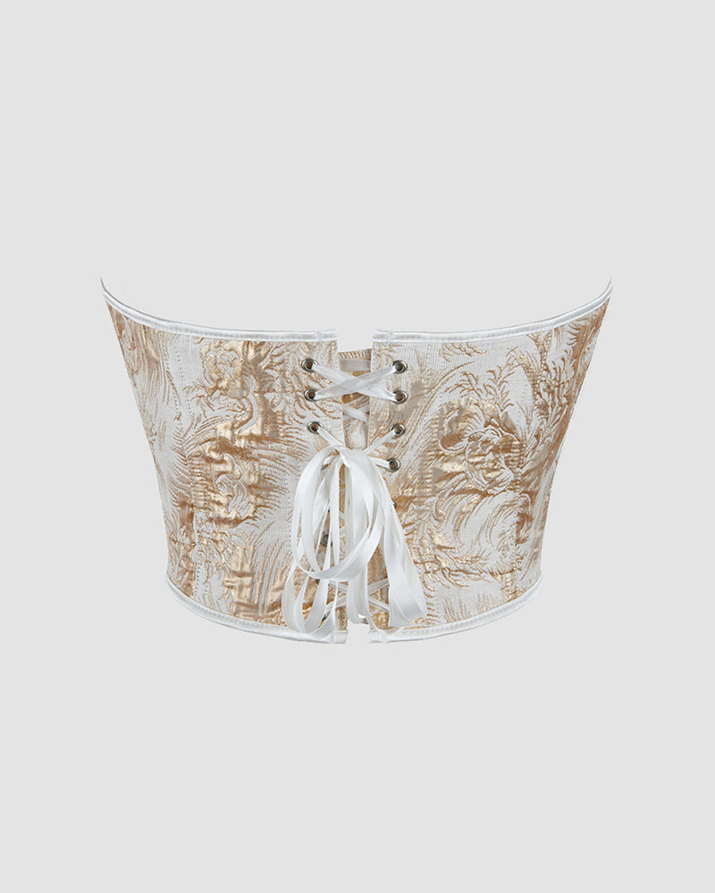 Cream and gold floral 1950s corset with waist training design, ideal for parties and weddings