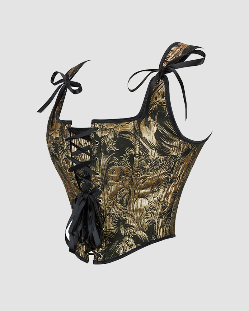 Golden 1950s corset with black straps and lace-up front, perfect for parties and weddings.