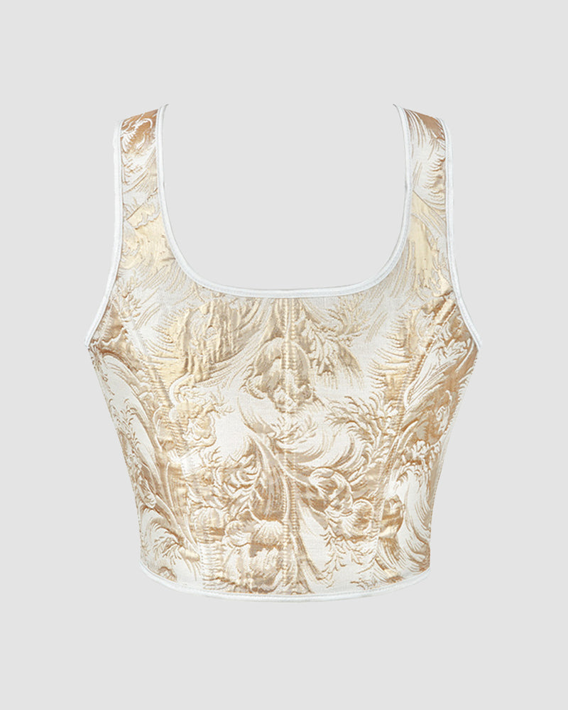 Golden 1950s corset with floral pattern, square neckline, and wide straps, for special occasions.
