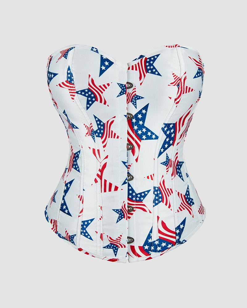 Five-Pointed Star Corset in white with red and blue star pattern, ideal for parties and weddings