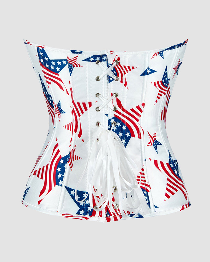 White star corset with red and blue star design, lace-up front. Ideal for parties and weddings.