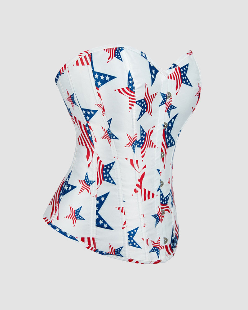 Five-Pointed Star Corset in white with red and blue star pattern. Ideal for parties and weddings.