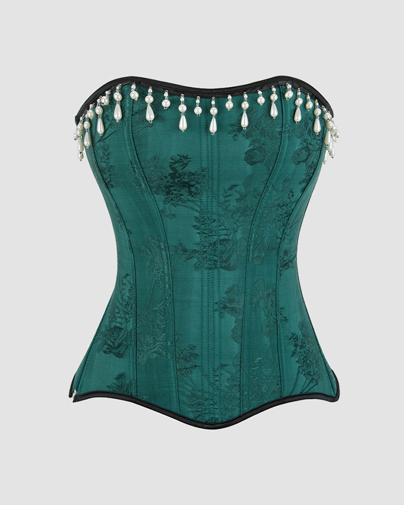 Emerald green 1980s corset with pearl beading, 15 boned waist training corset