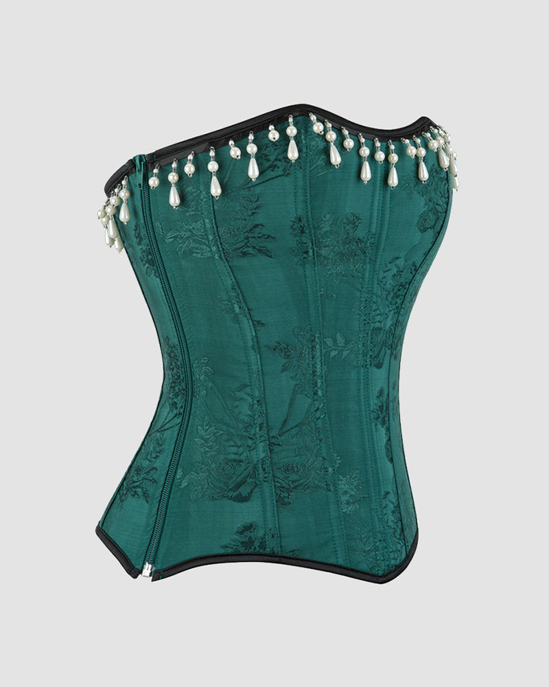 Emerald green 15 boned corset with pearl beading and floral pattern