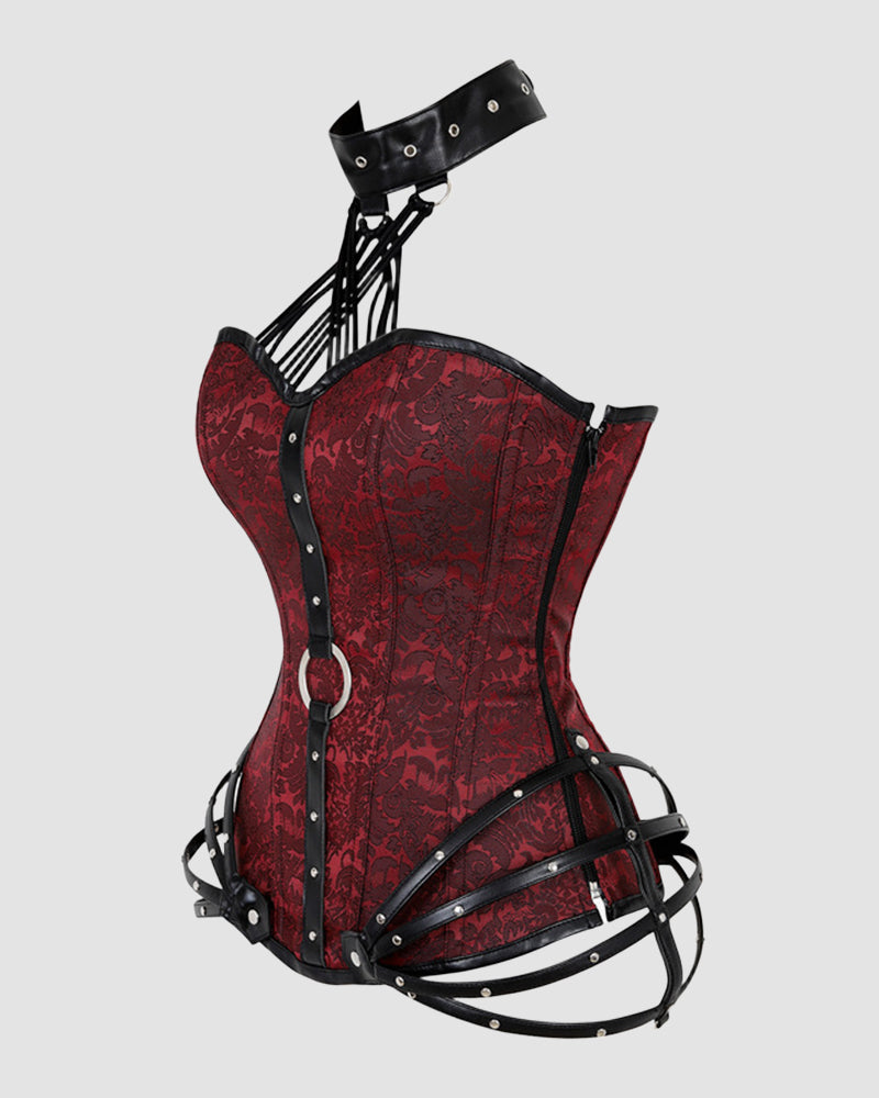 Red brocade corset, back view with black eyelet boning and side zipper