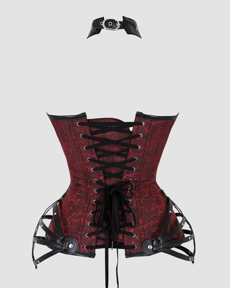 Red corset with black front lacing, sweetheart neckline, and side zipper panels