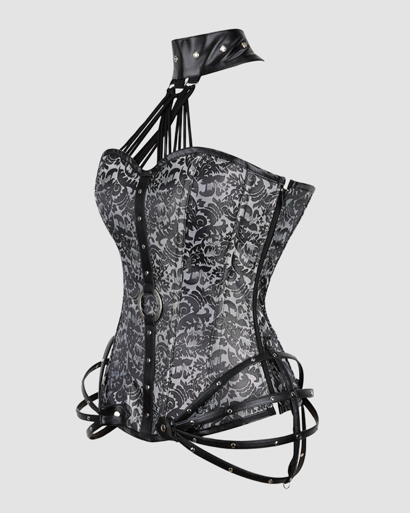 Grey damask corset, side view with black boning, lacing-up front, and side zipper