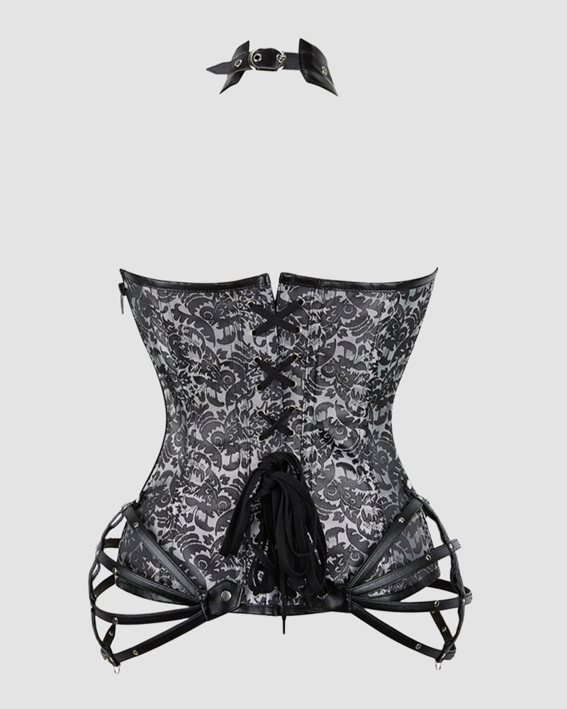 Grey damask corset with black front lacing and side zipper, back view detail