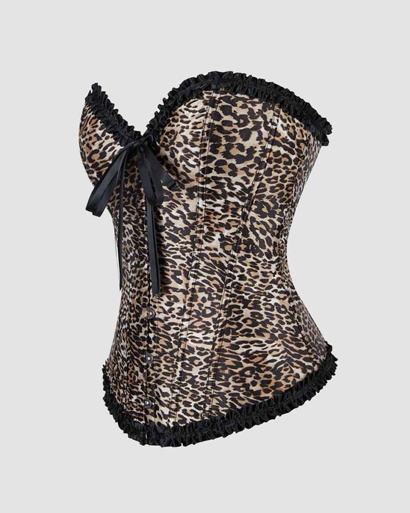 Leopard print corset with black ruffle trim and bow, vintage-inspired lingerie
