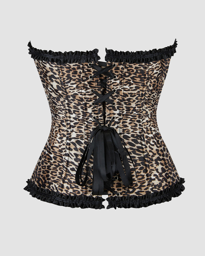 1960s Leopard print corset with black ruffle trim, vintage lingerie
