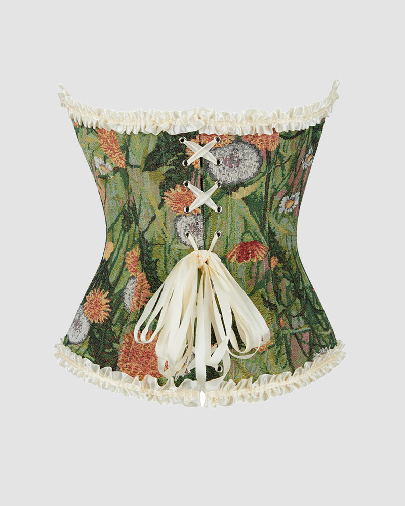 1930s floral corset, sweetheart neckline, cream ruffles and bow, for parties and weddings
