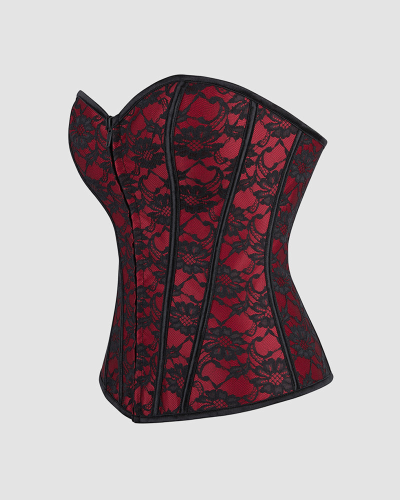 Dark red 1950s style corset with black lace overlay, perfect for parties and weddings