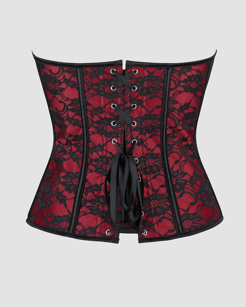 Red 1950s style corset with black lace overlay and ribbon closure, perfect for parties and weddings