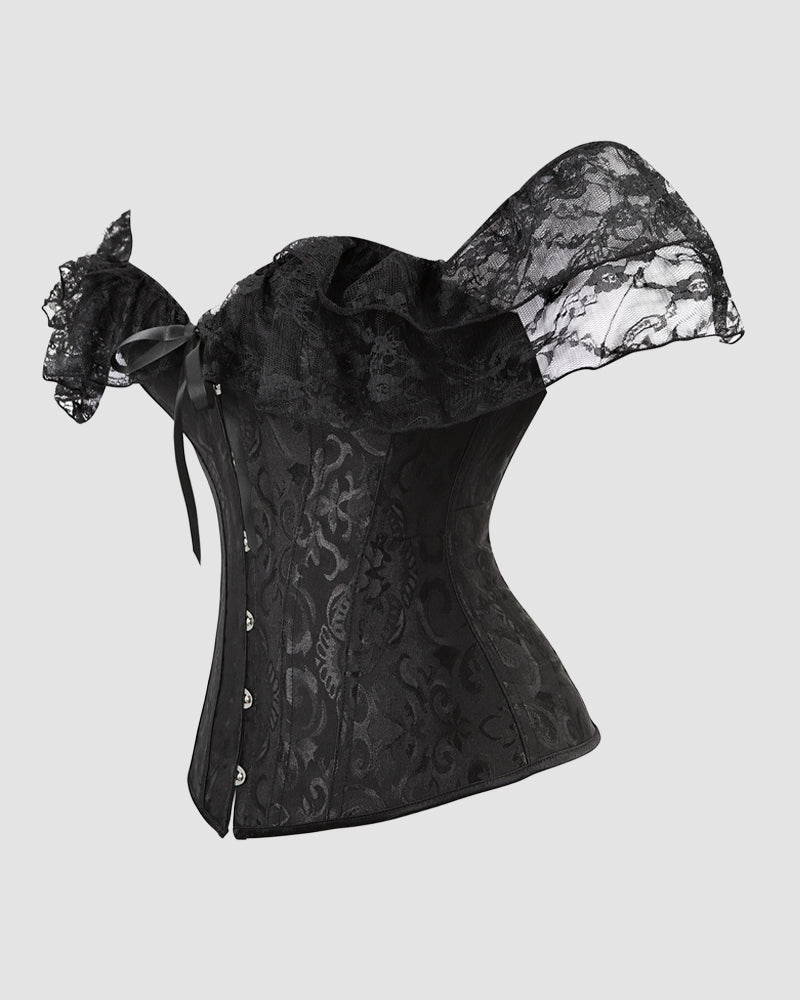 Vintage black jacquard lace corset, off-shoulder sleeves. Elegant, bold statement piece.