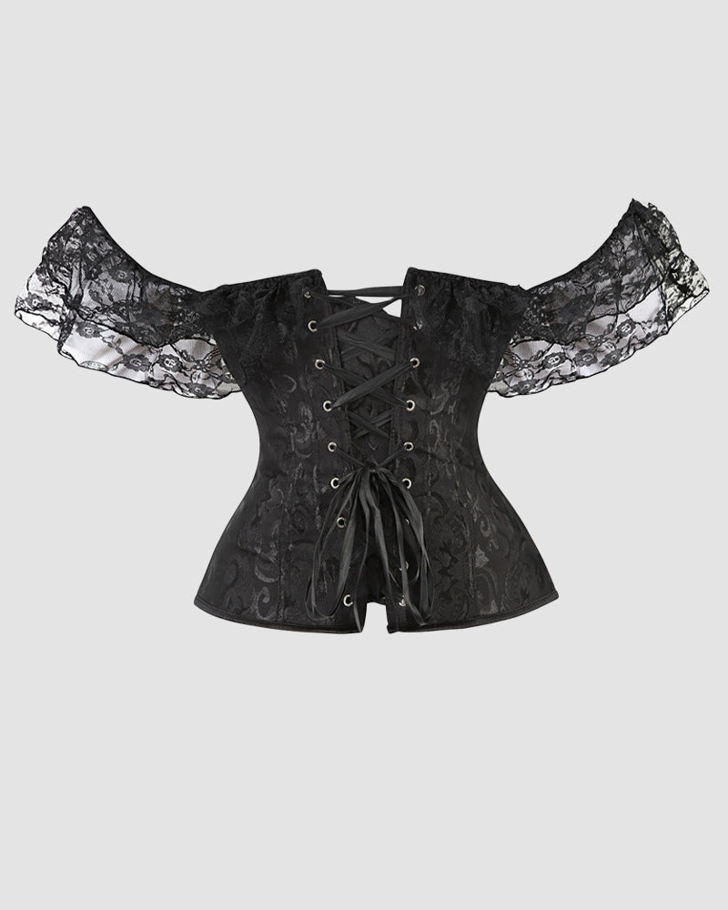 Vintage black jacquard lace corset with off-shoulder sleeves