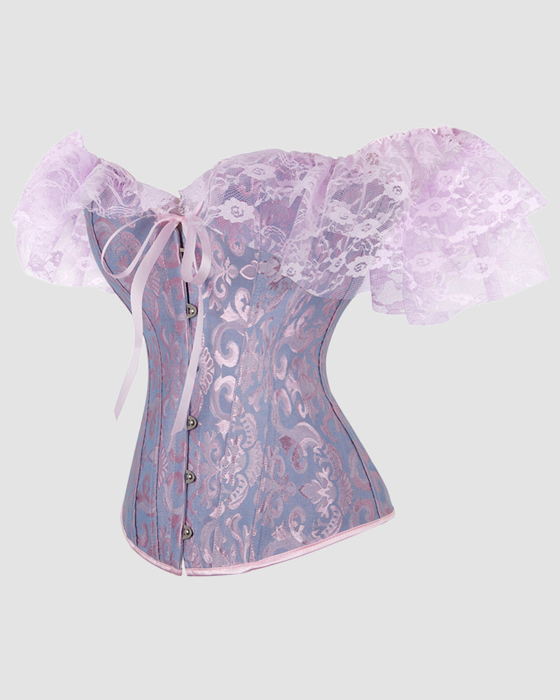 Vintage-style blue and pink jacquard lace corset with off-shoulder sleeves
