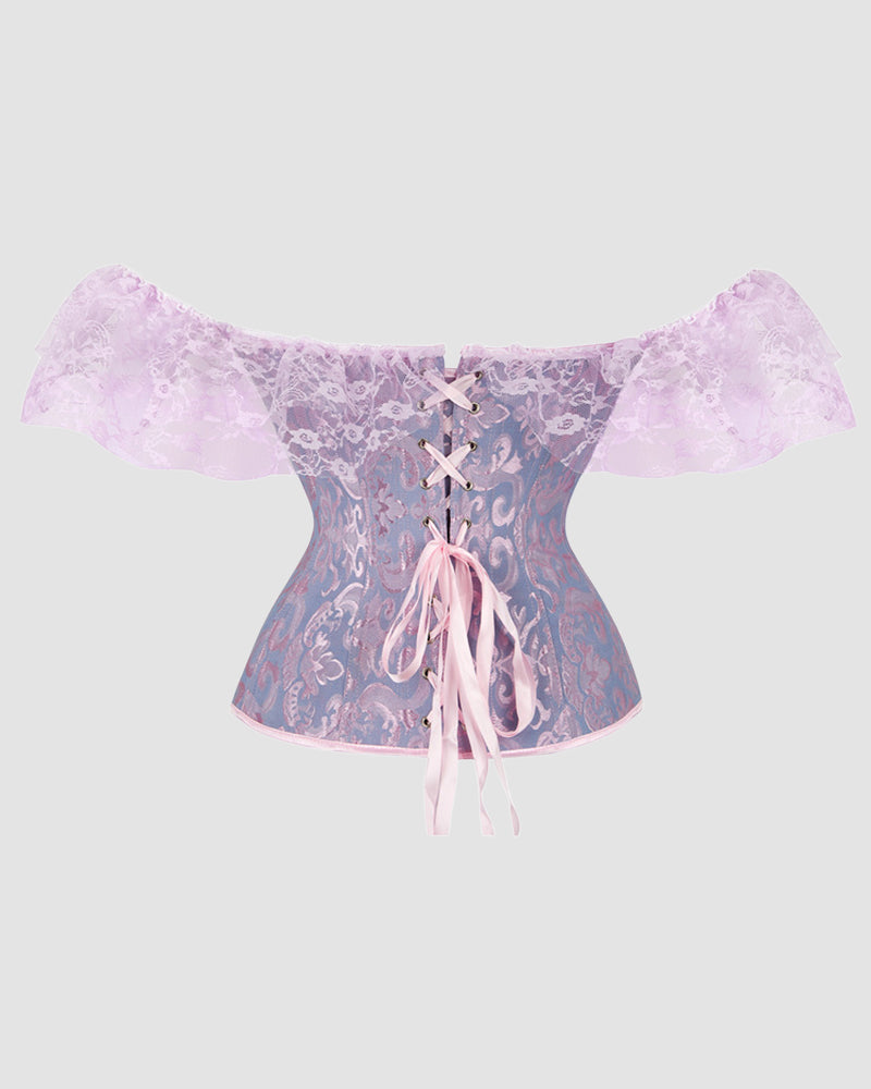 1950s Jacquard Lace Corset with Off-Shoulder Sleeves in Lavender and Pink
