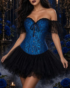 Royal blue jacquard corset top with black lace off-shoulder neckline and front lacing