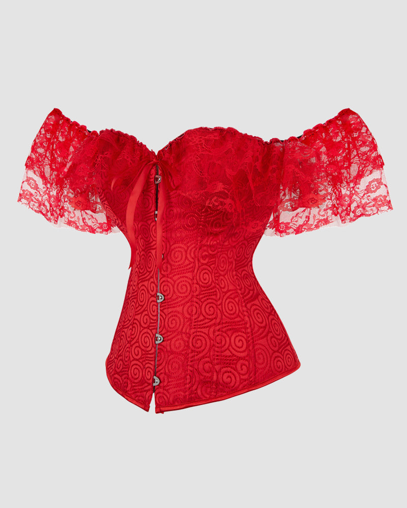 Red vintage jacquard lace corset featuring off-shoulder sleeves.