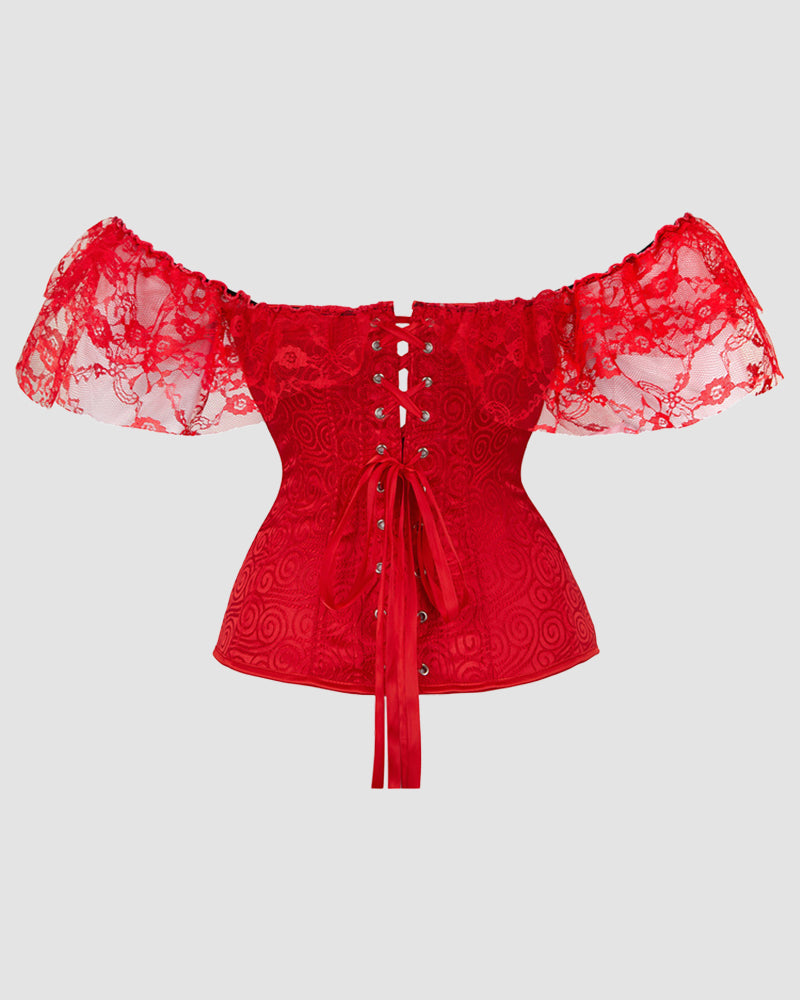 Red 1950s lace corset, off-shoulder sleeves. Vintage-inspired, bold & elegant.
