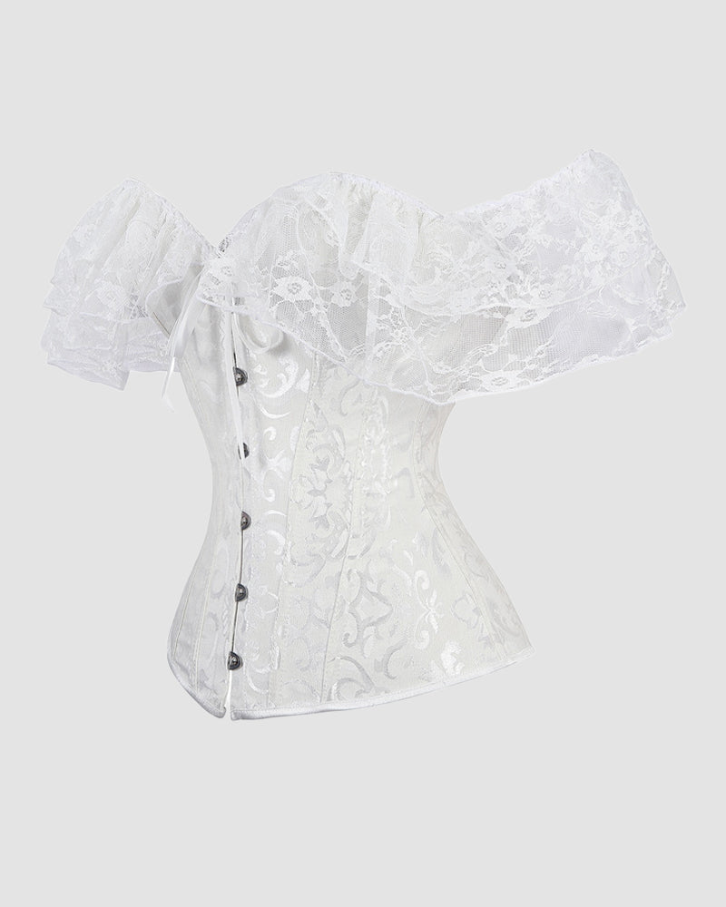 Vintage White Jacquard Lace Corset with Off-Shoulder Sleeves, 1950s Style