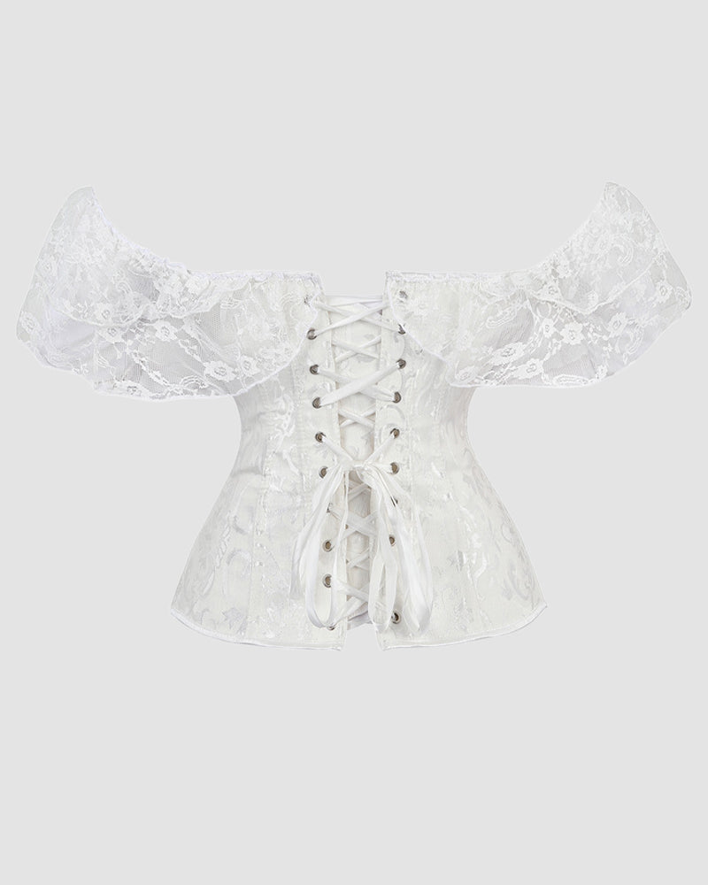 White 1950s Jacquard Lace Corset with Off-Shoulder Sleeves, Vintage-Inspired Design