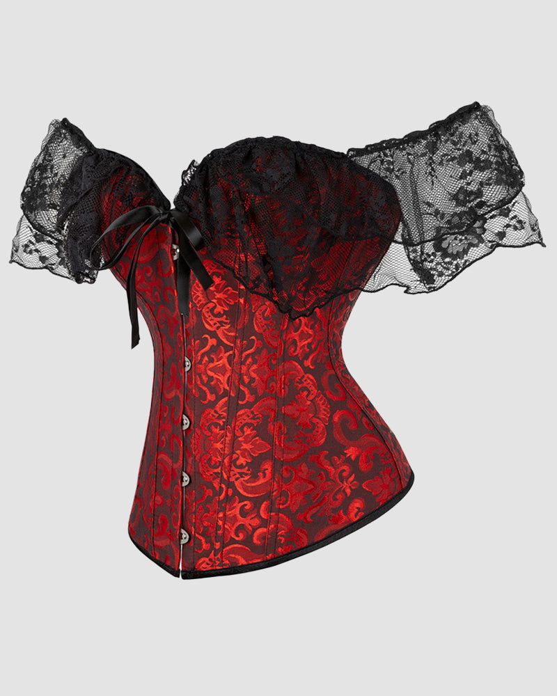 Vintage Red Jacquard Lace Corset with Off-Shoulder Sleeves