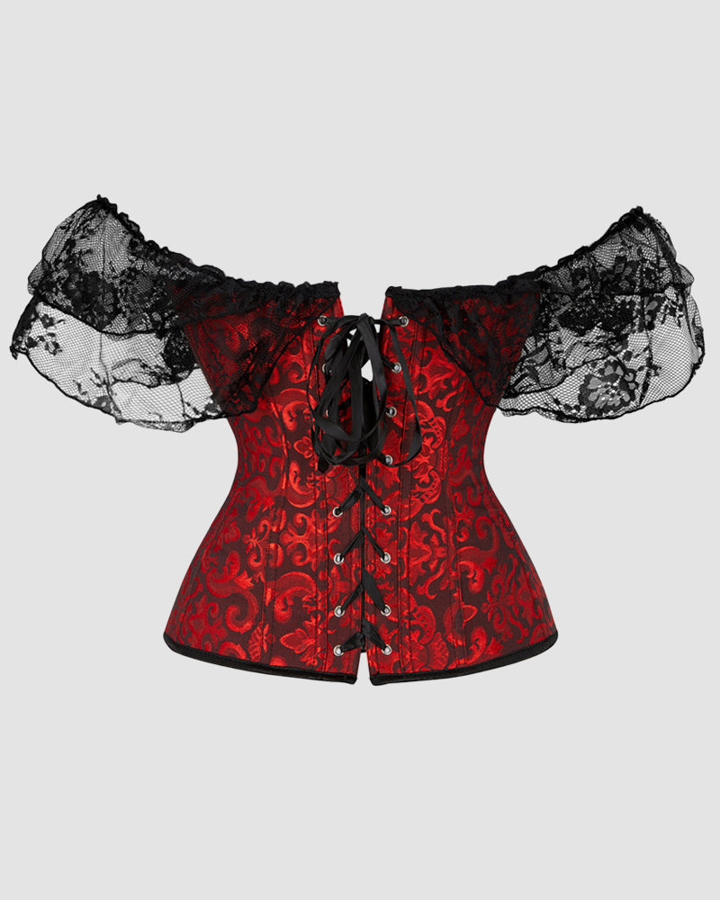 Red Jacquard Lace Corset with Off-Shoulder Sleeves, Vintage Style