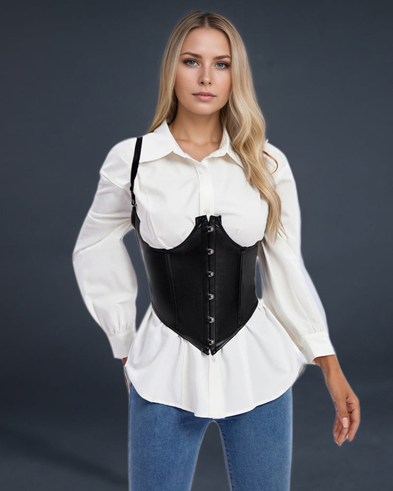 1980s style black leather corset with suspenders, ideal for parties and weddings