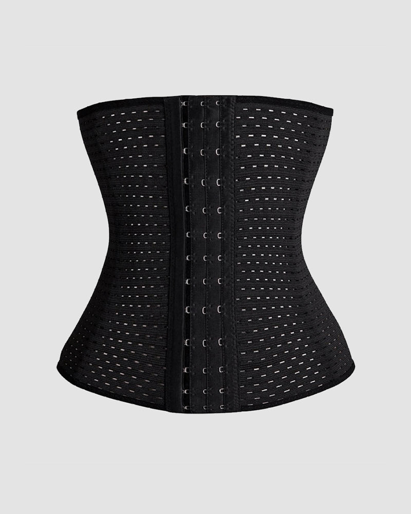 Black Hollow Plastic Belt Corset, mesh design with hook closures for shaping.