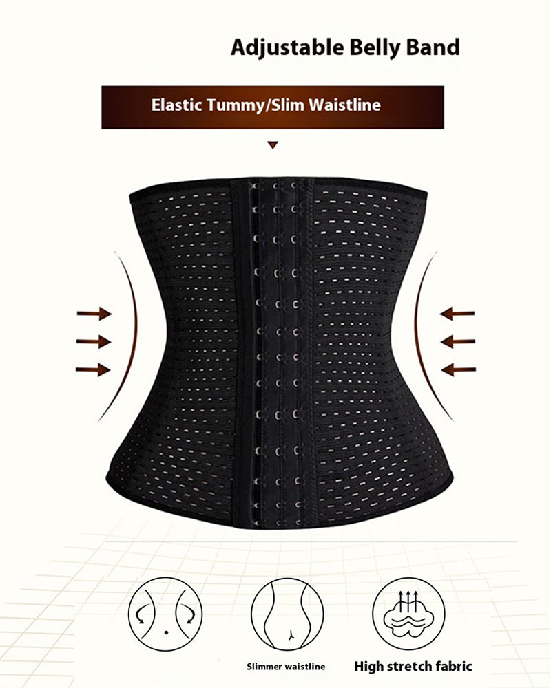 Black corset with adjustable belly band, elastic tummy, and high stretch fabric for slimming waist