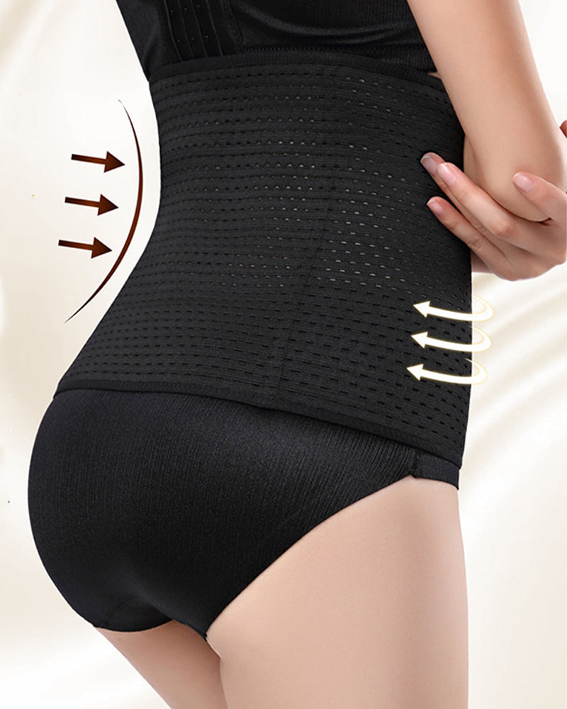 Black mesh corset, three-breasted design, slimming waist effect, shown on a woman.