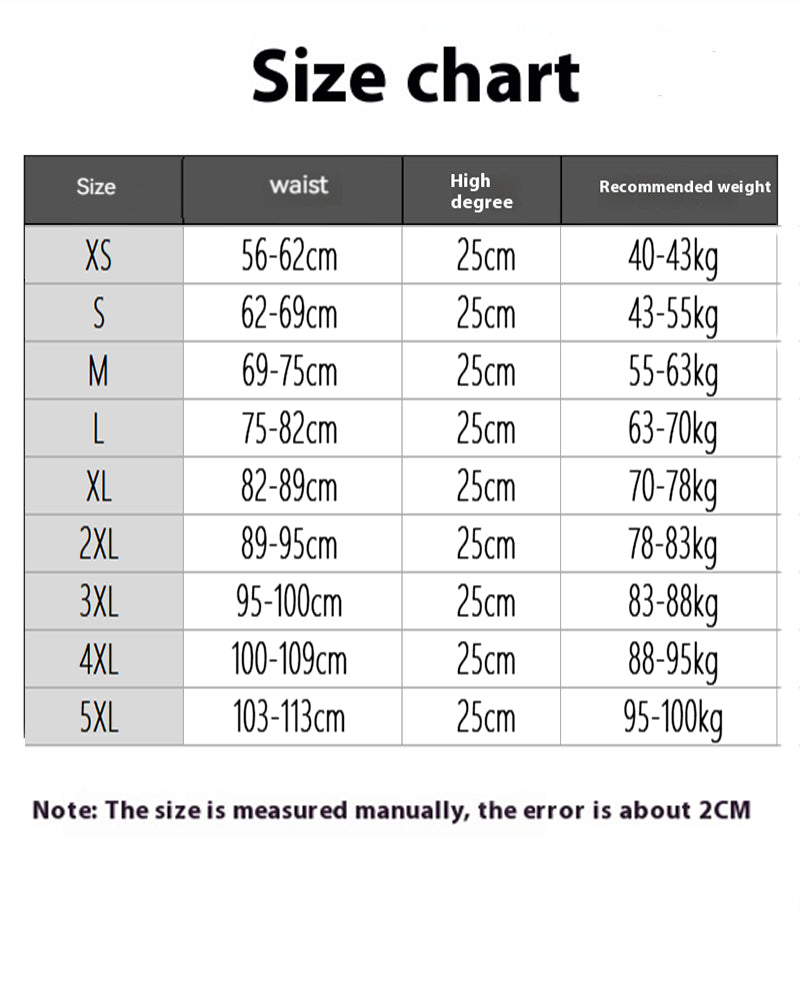 Corset size chart: waist, high degree, and weight for sizes XS-5XL