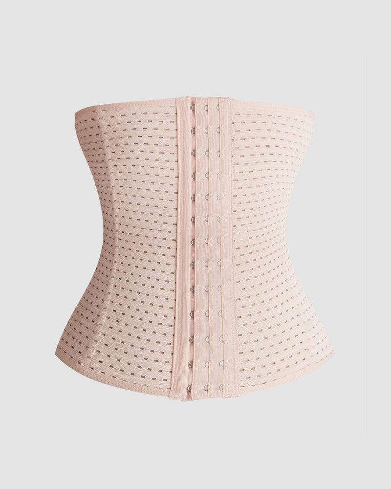 Avidlove beige mesh corset with three-breasted design, slimming waist, and hook closures