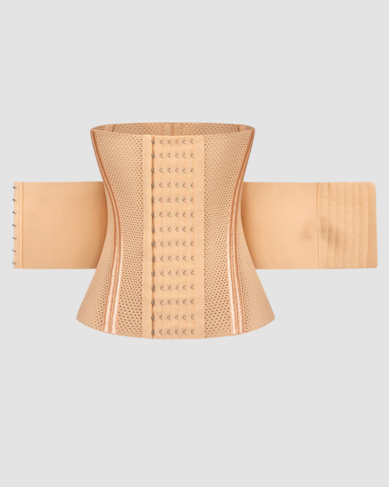 Beige double compression mesh breathable corset with hook-and-eye closure for shaping and support.