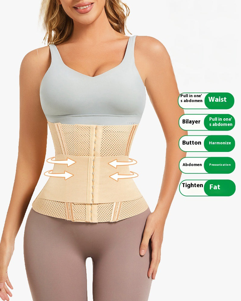 Beige double compression mesh corset, shaping waist and abdomen with hook-and-eye closure.