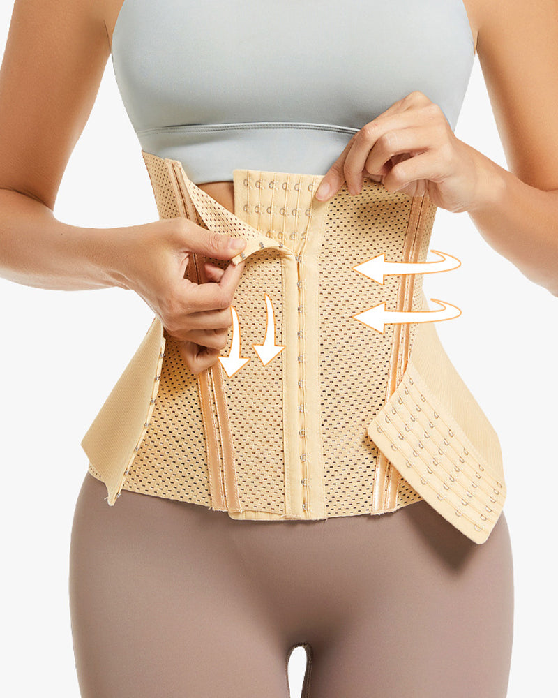 Beige mesh corset with double compression, hook-and-eye closure, and shaping effect.