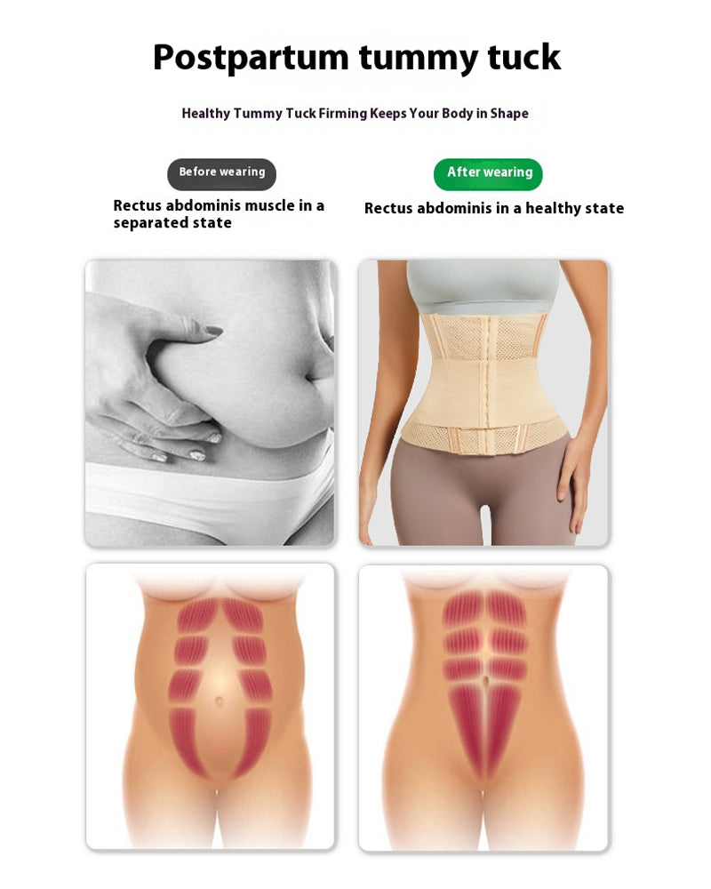 Postpartum tummy tuck: beige mesh corset for abdominal support, shaping the waist and abdomen.