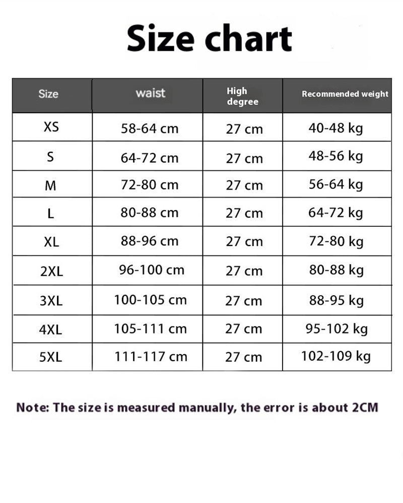 Size chart for double compression mesh corset, waist measurements, and weight guide for best fit.