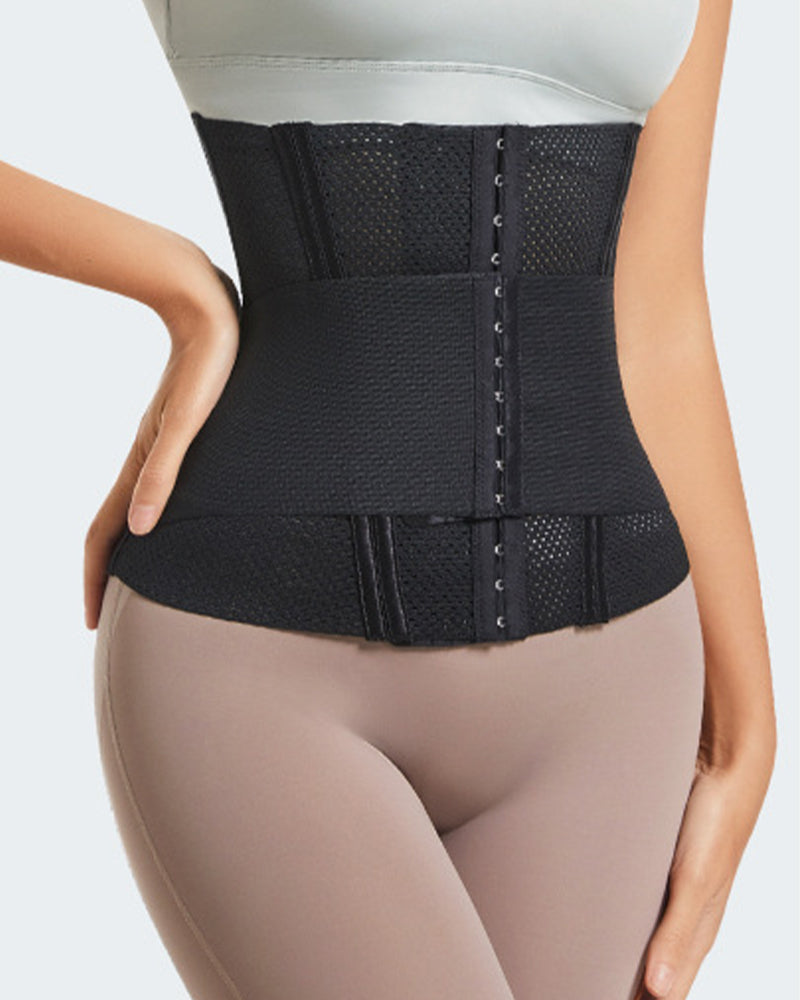 Black double compression mesh corset with hook-and-eye closure, shaping waist and abdomen