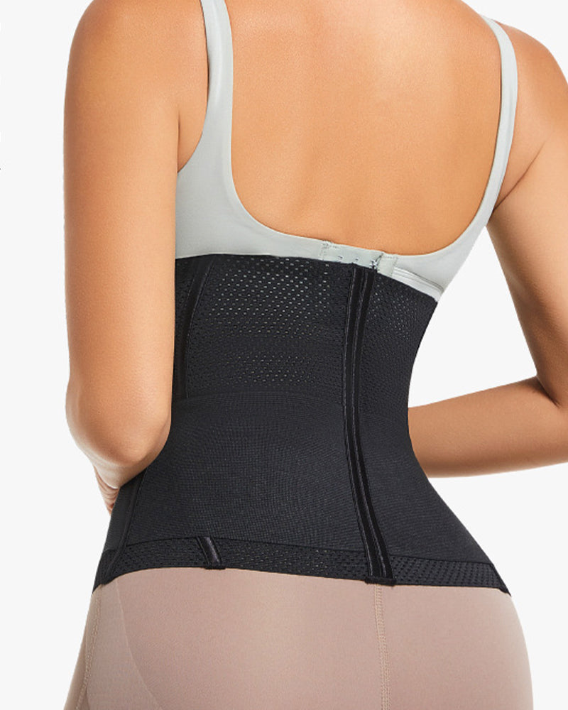 Black double compression mesh breathable corset with zipper closure, shaping waist and abdomen
