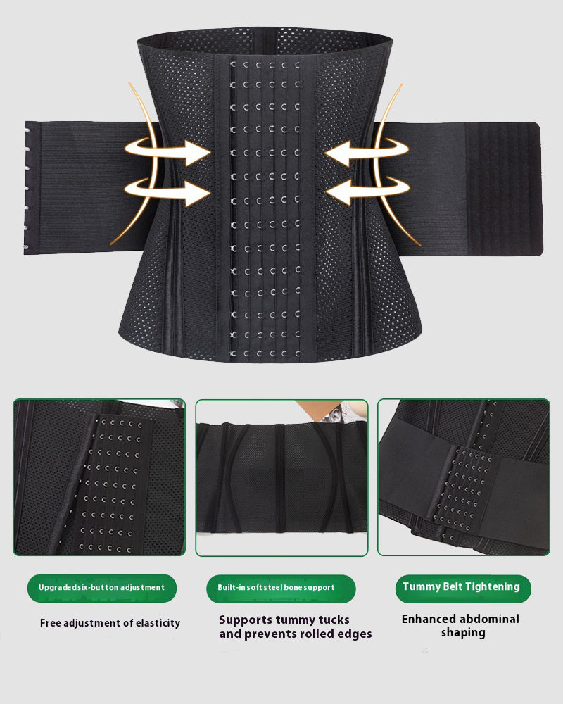Black double compression mesh corset with six-button closure, tummy control, and steel bone support