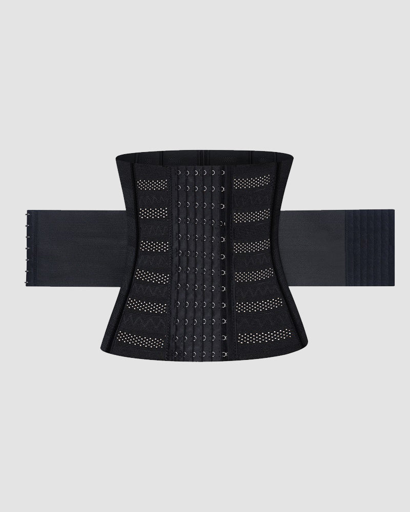 Black double reinforced waist corset with breathable material and adjustable hooks for shaping.