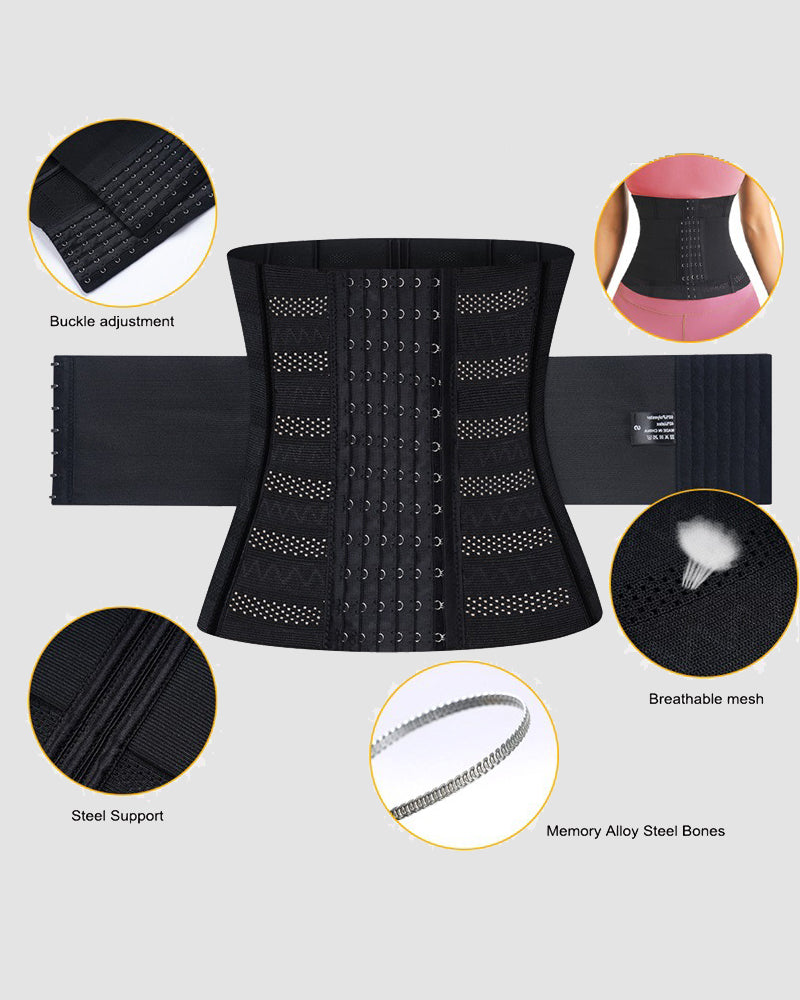 Black waist corset with adjustable hooks, breathable mesh, and steel boning for shaping