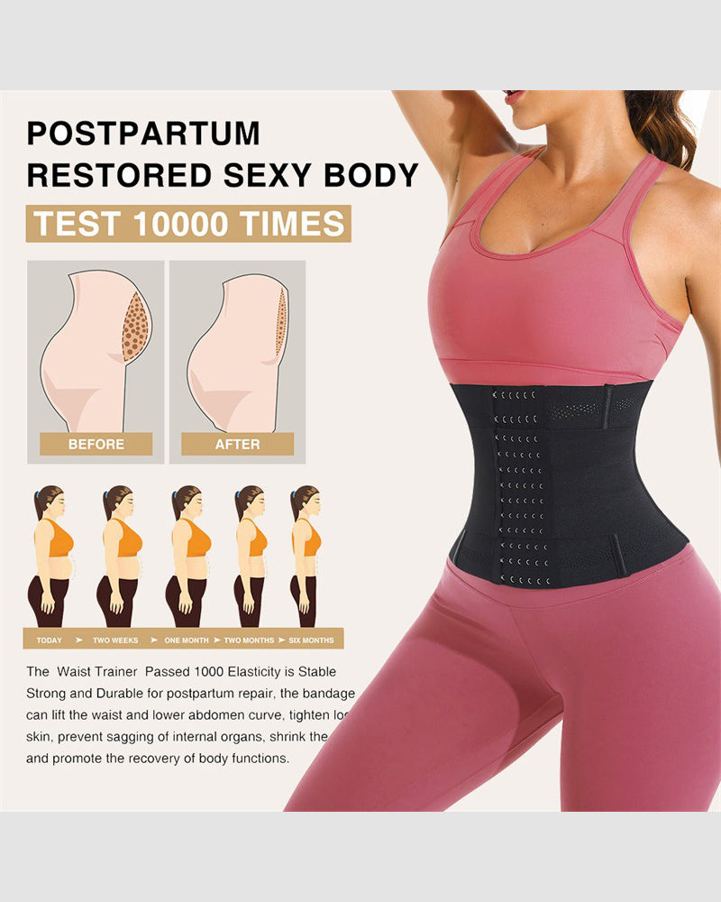 Black waist corset for postpartum shaping, showing before and after results with adjustable hooks.