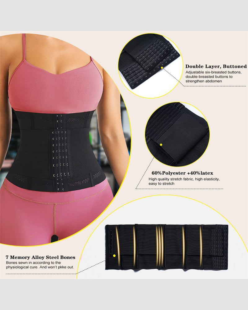 Double reinforced black waist corset with adjustable hooks, breathable mesh, and steel boning.